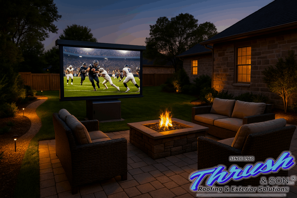 Backyard theater with weatherproof screen, ventilated projector box, and low-glare path lighting