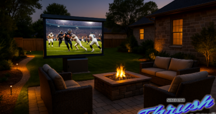 Backyard theater with weatherproof screen, ventilated projector box, and low-glare path lighting