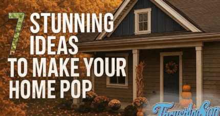 Dayton fall siding trends — warm taupe siding with a slate blue board-and-batten gable on a Kettering home, pumpkins and mums on the porch; text overlay reads “7 Stunning Ideas to Make Your Home Pop.”
