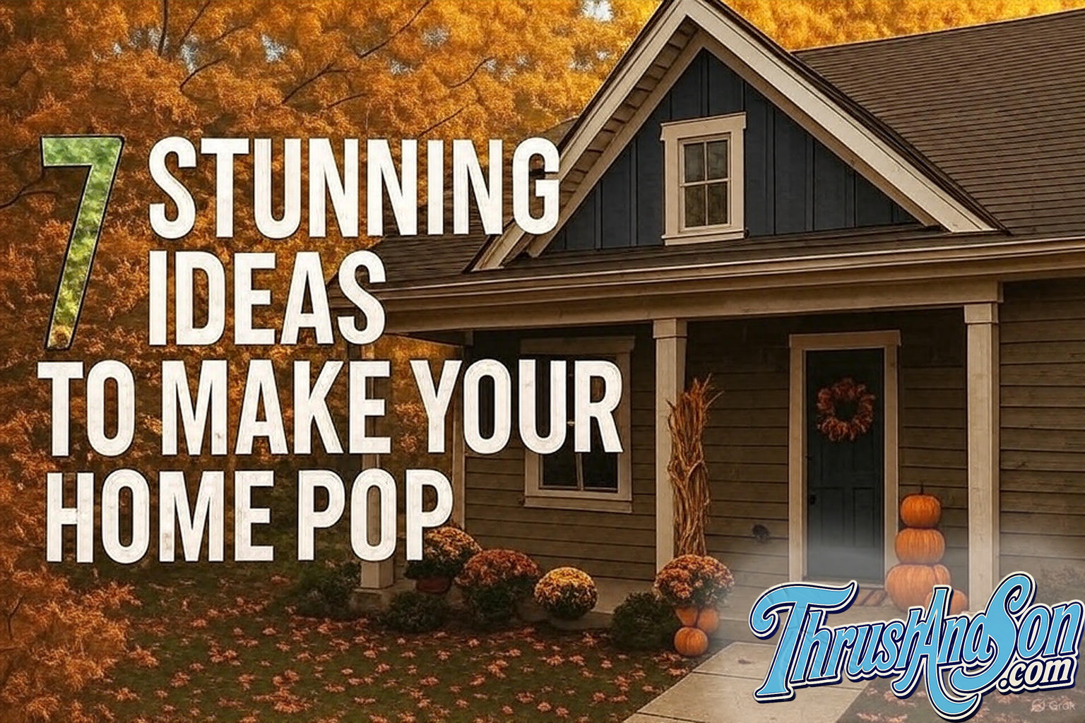 Dayton fall siding trends — warm taupe siding with a slate blue board-and-batten gable on a Kettering home, pumpkins and mums on the porch; text overlay reads “7 Stunning Ideas to Make Your Home Pop.”