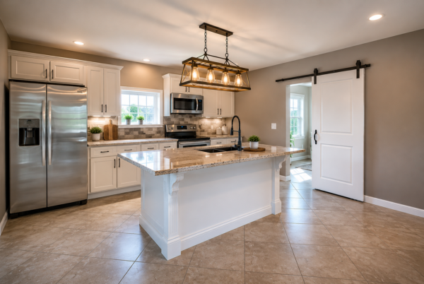 1893 historic home kitchen renovation featuring restored craftsmanship, modern farmhouse design, custom cabinetry, stone countertops, stainless appliances, and bright open-concept living restored by Thrush & Son® Roofing & Exterior Solutions in Brookville Ohio.