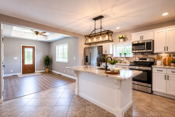 1893 historic home kitchen renovation featuring restored craftsmanship, modern farmhouse design, custom cabinetry, stone countertops, stainless appliances, and bright open-concept living restored by Thrush & Son® Roofing & Exterior Solutions in Brookville Ohio.