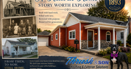 1893 historic home restoration in Brookville Ohio featuring dramatic before-and-after transformation, preserved family legacy, exterior renovation craftsmanship, and restored curb appeal by Thrush & Son® Roofing & Exterior Solutions.