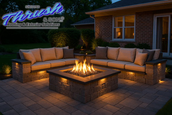 Luxury gas fire pit with stone bench seating, wide-format pavers, and soft accent lighting