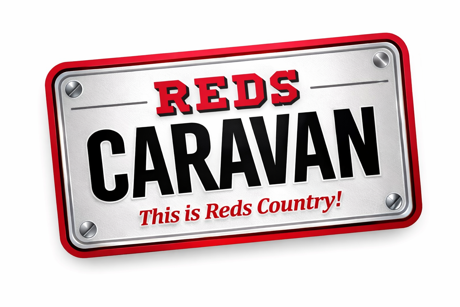 2018 Reds Caravan official event sign featuring Cincinnati Reds branding