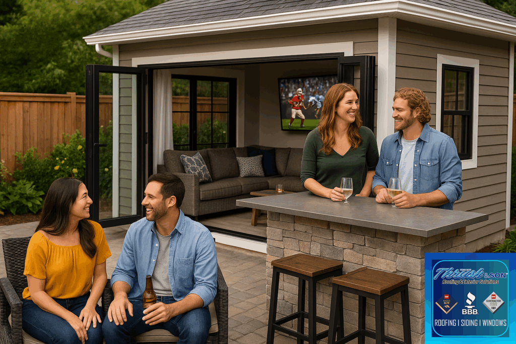 Modern she-shed conversion with folding doors, TV, and outdoor bar ledge for entertaining