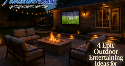 Outdoor entertaining ideas hero image with patio TV, fire pit, lounge seating, and warm lighting at dusk
