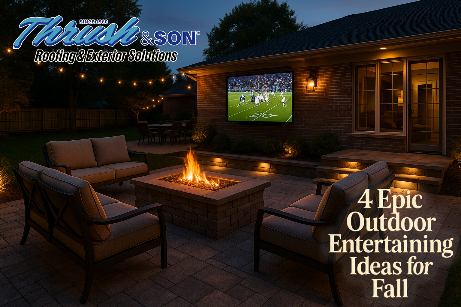 Outdoor entertaining ideas hero image with patio TV, fire pit, lounge seating, and warm lighting at dusk
