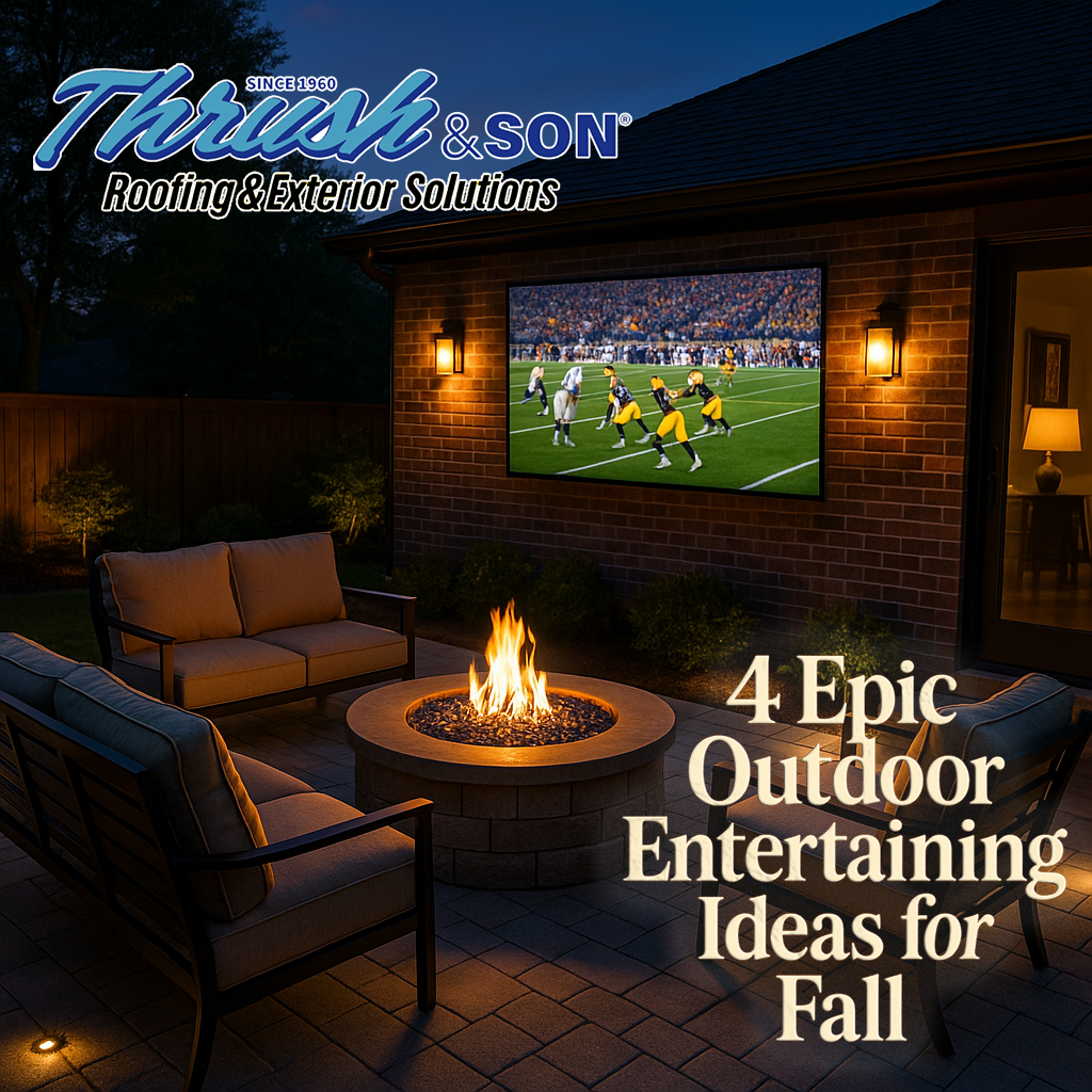 Twilight patio with outdoor TV and modern fire pit for fall entertaining