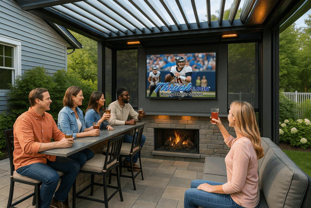 Motorized louvered pergola with retractable screens, infrared heaters, TV wall, and bar seating