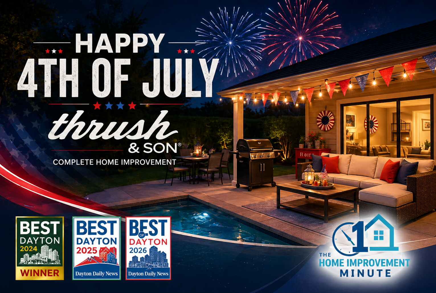Patriotic backyard patio with siding and lighting — exterior home improvements in Dayton, Cincinnati and Northern Kentucky.