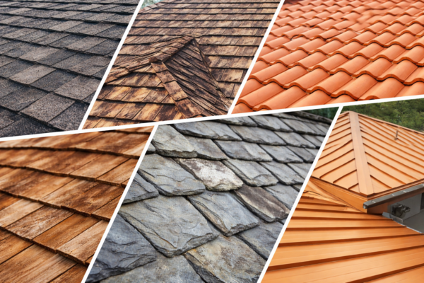 Collage of five roofing materials including dimensional asphalt shingles, wood shake, clay tile, natural slate, and standing seam metal roofing shown in detailed close-up textures.