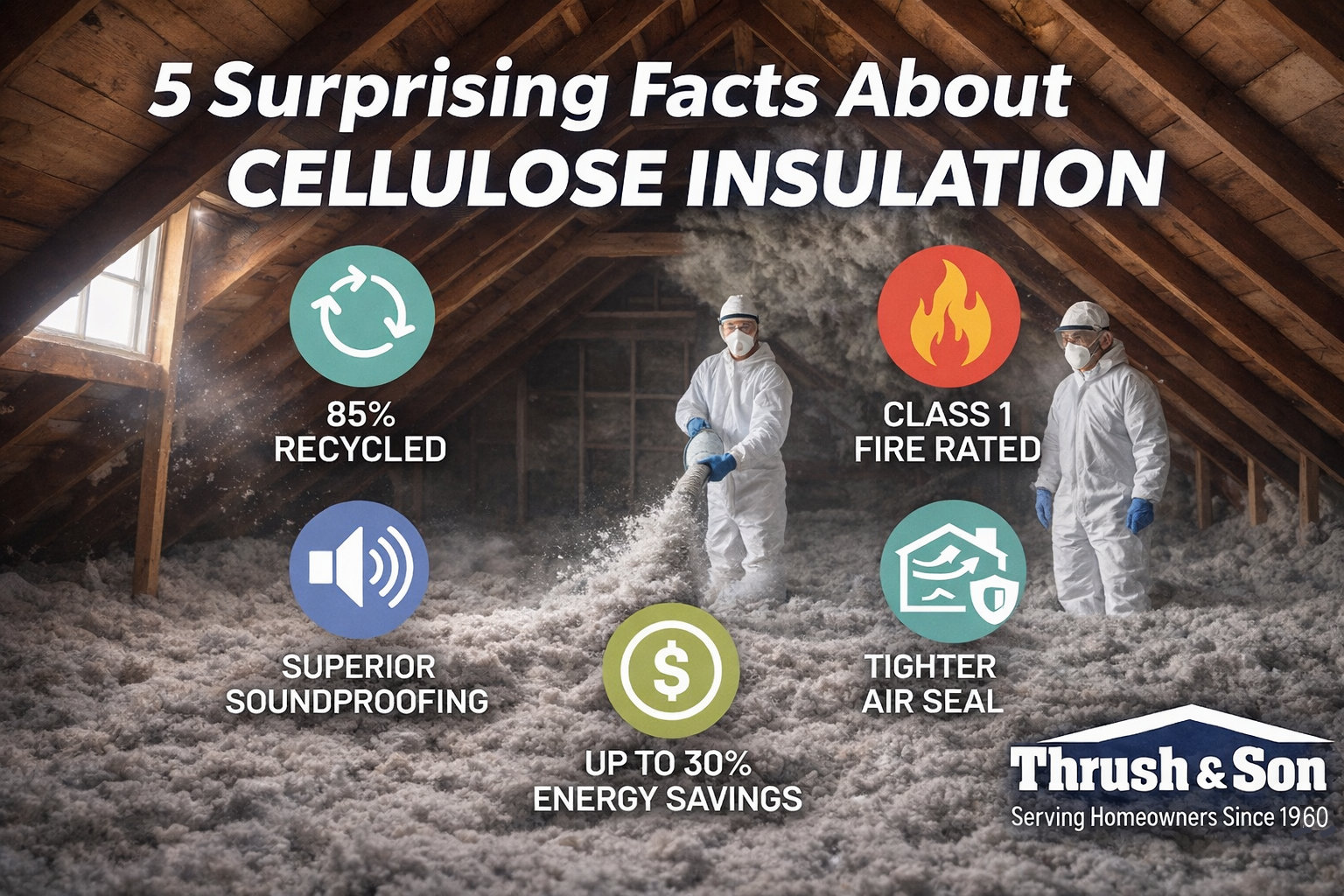 Attic installation of cellulose insulation highlighting five key benefits including recycled material, fire resistance, soundproofing, tighter air seal, and energy savings