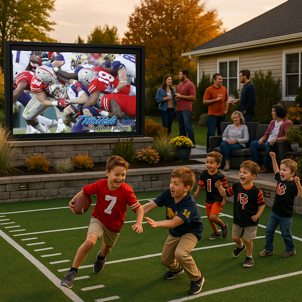 Backyard fan zone with synthetic turf field strip, seat wall with outlets, and LED wall for game viewing