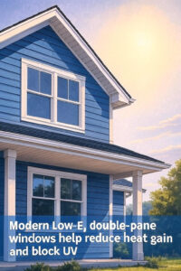 Realistic bold home exterior with energy-efficient replacement windows featuring double-pane glass, reflecting sunlight with golden rays, set against a desert sun, showcasing UV block shield for cool home exterior upgrades.