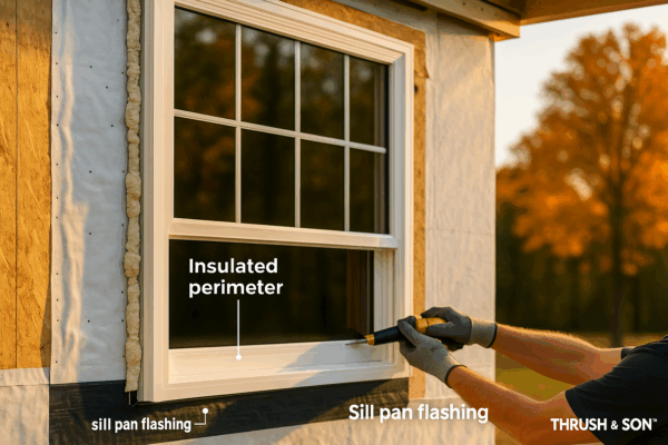 Replacement windows Southwest Ohio—close-up of installer sealing the window perimeter with foam/backer rod and applying pan/sill flashing membrane under a new casement; clean white trim and housewrap visible.
