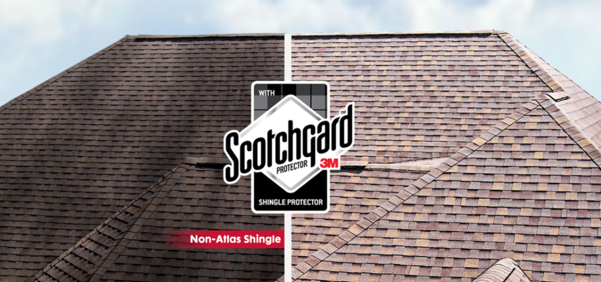 Algae-Resistant Shingles comparison showing Atlas Roofing shingles with Scotchgard Protector resisting algae streaks while standard roof shingles develop dark stains and discoloration