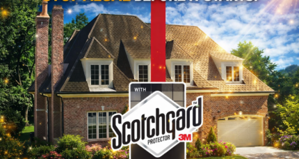 Algae-Resistant Shingles comparison showing Atlas roofing shingles with Scotchgard Protector preventing algae streaks while untreated roof shingles develop staining
