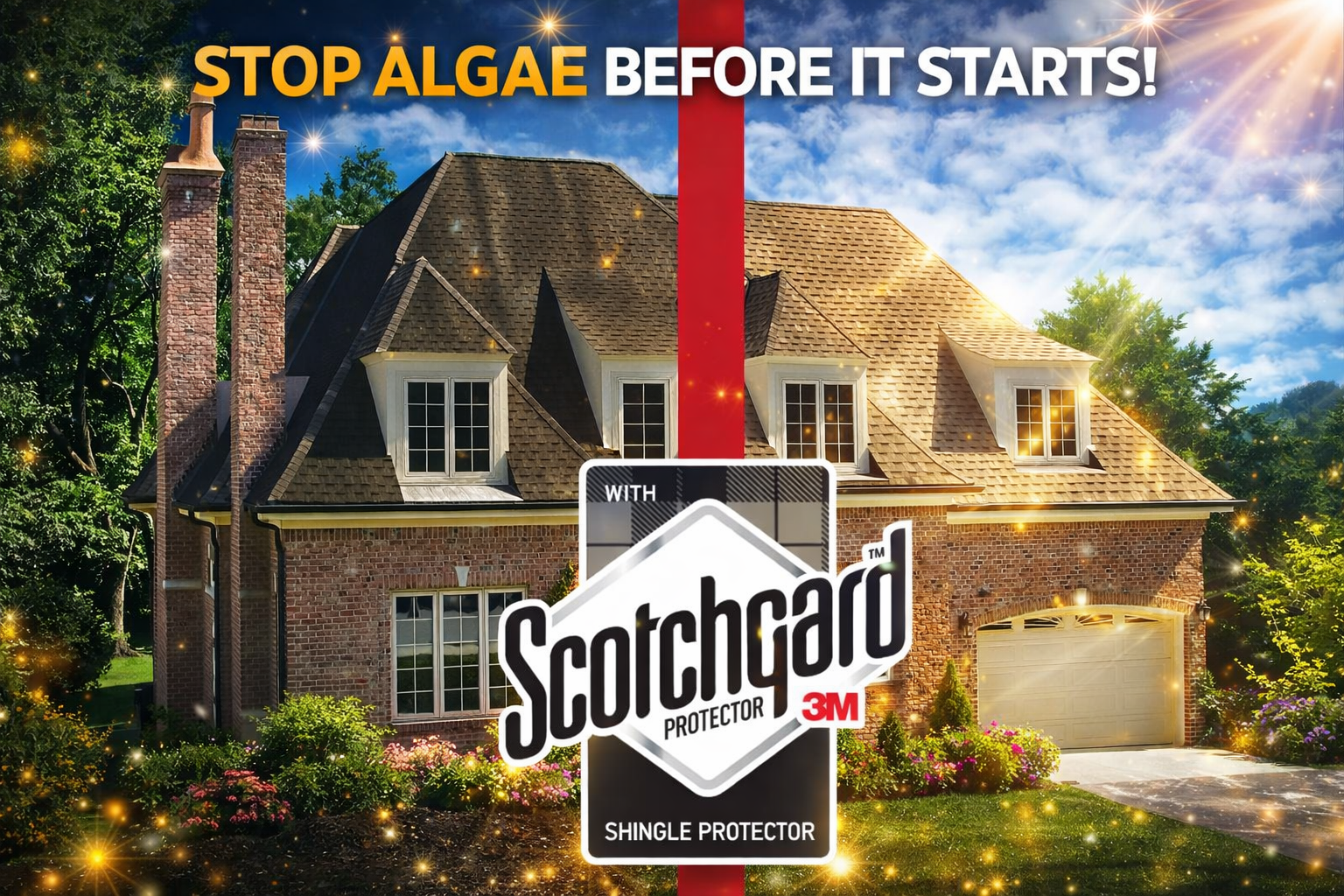Algae-Resistant Shingles comparison showing Atlas roofing shingles with Scotchgard Protector preventing algae streaks while untreated roof shingles develop staining