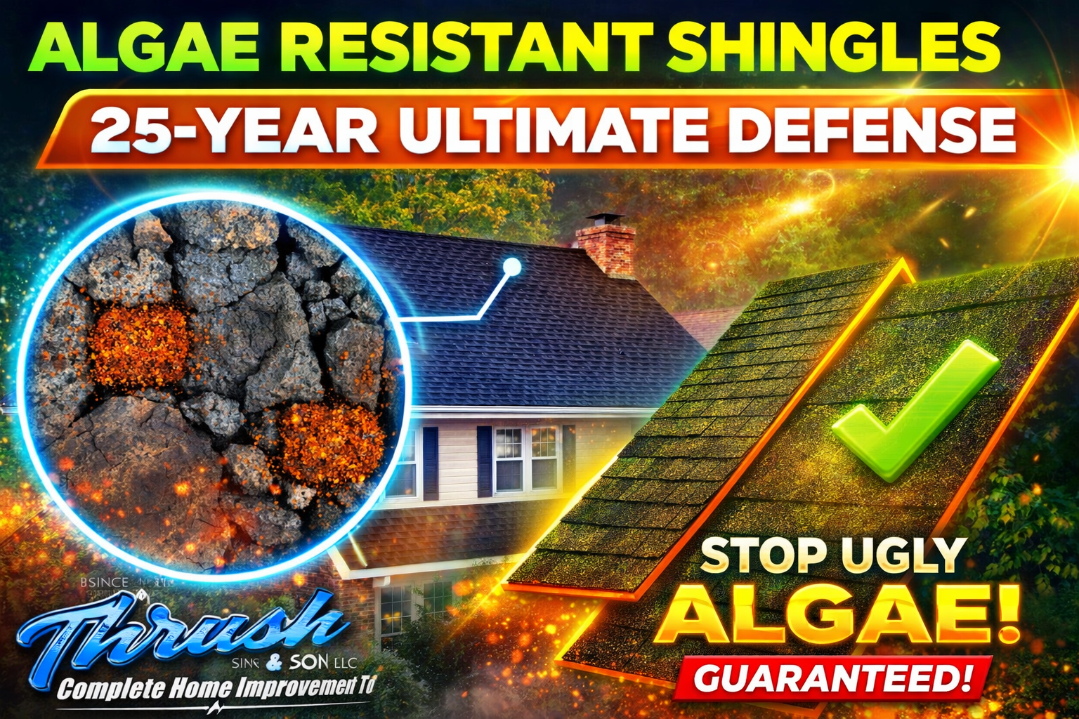 Algae resistant shingles with 25-year ultimate defense installed on residential roof to stop ugly black streaks and algae growth