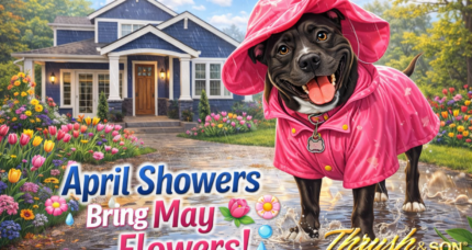 Spring home improvement tips featuring Boo in a pink raincoat standing in puddles in front of a blooming Ohio home with flowers and bright spring landscaping.