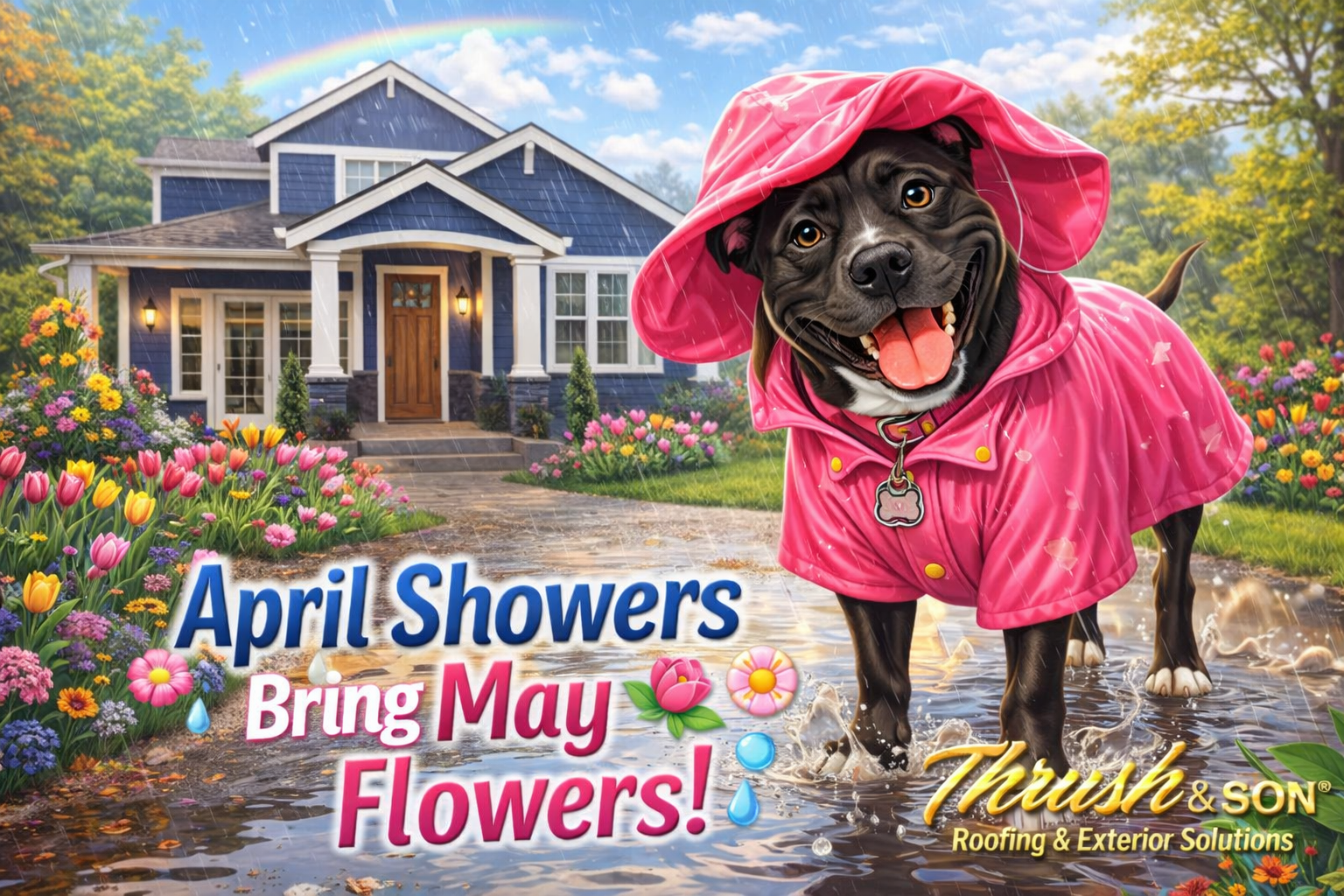 Spring home improvement tips featuring Boo in a pink raincoat standing in puddles in front of a blooming Ohio home with flowers and bright spring landscaping.