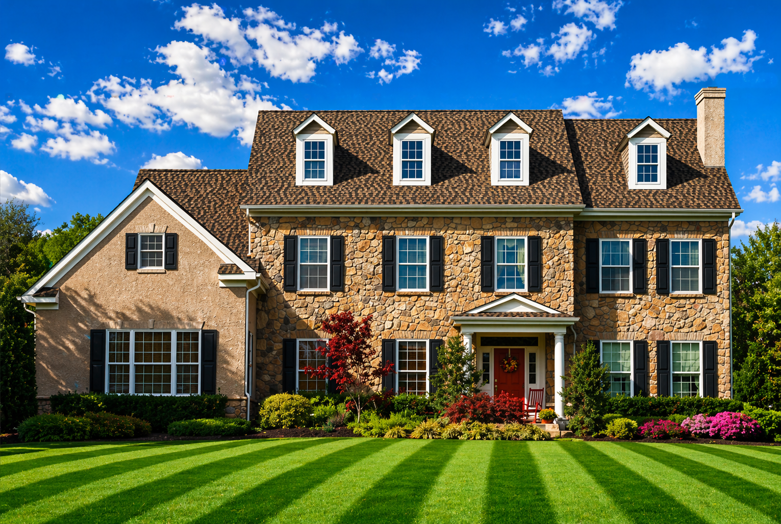 Architectural shingles: beautiful two-story home in Miami Valley with premium architectural shingles, enhancing curb appeal and storm protection – Thrush & Son® roofing experts.