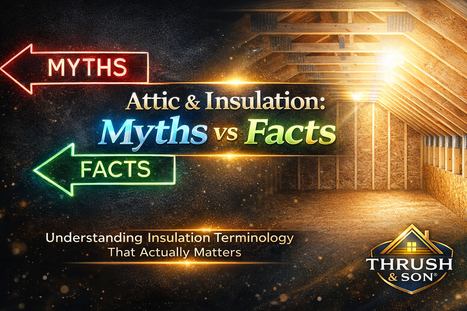 Attic Insulation Myths vs Facts Every Homeowner Should Know Modern attic interior with glowing myths vs facts arrows highlighting insulation misconceptions and energy efficiency insights in a residential home