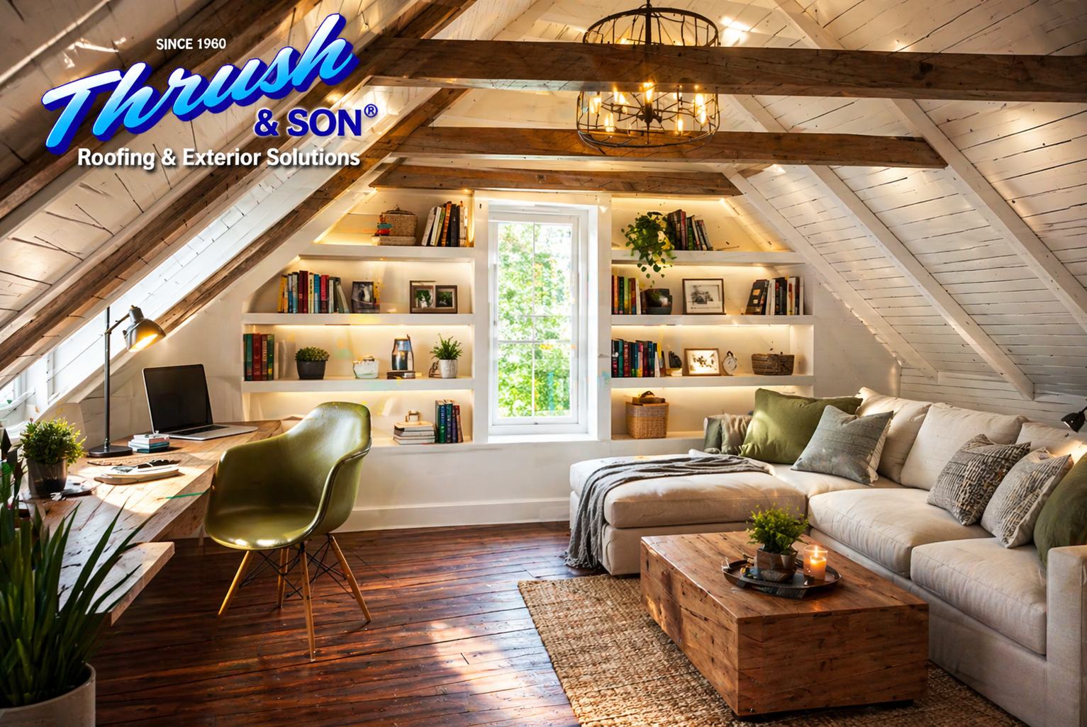 Cozy attic storage space transformed into a bright reading nook with built-in bookshelves, armchair, and ottoman.