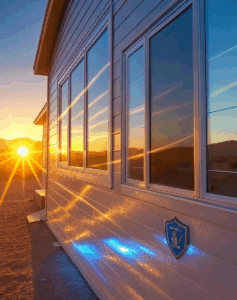 Heat-resistant siding reflecting the evening sun, helping keep the home cooler in hot weather.