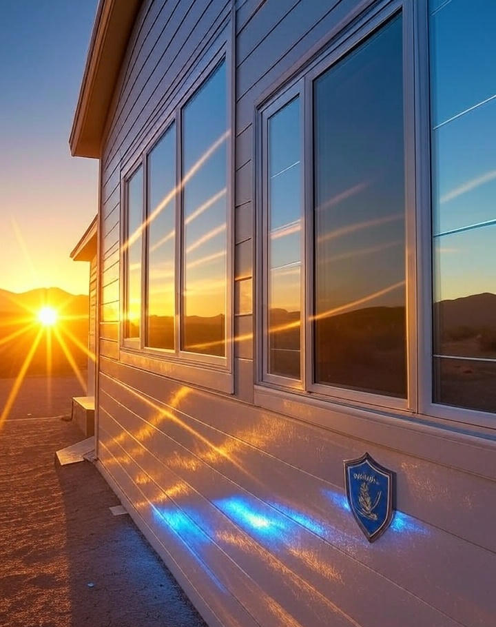 Heat-resistant siding reflecting the evening sun, helping keep the home cooler in hot weather.