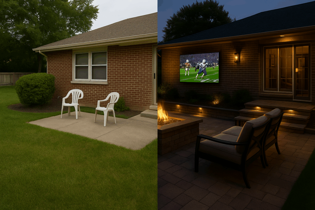 Backyard before and after patio remodel showing the same house; left side plain concrete and plastic chairs in afternoon light, right side paver patio with gas fire pit, lounge seating, outdoor TV, step and landscape lighting at dusk
