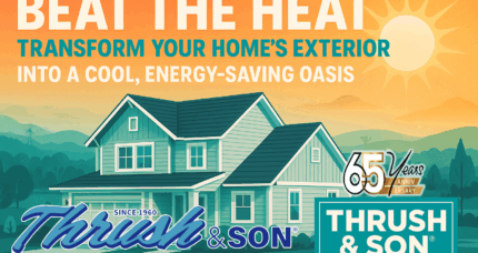 Cool home exterior blog featured image showing a modern house with summer sun and text promoting energy-saving upgrades from Thrush & Son®.