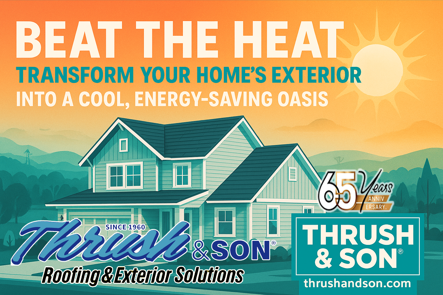 Cool home exterior blog featured image showing a modern house with summer sun and text promoting energy-saving upgrades from Thrush & Son®.