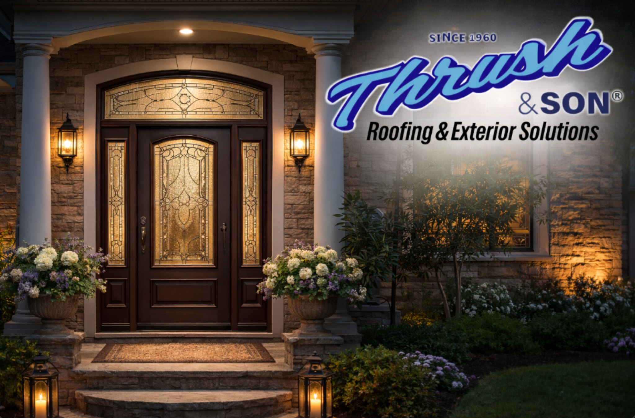 new decorative front entry door installed on home exterior by Thrush & Son Roofing & Exterior Solutions