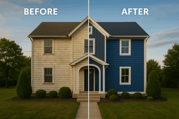 Before and after comparison of a Dayton, Ohio home upgraded with CertainTeed vinyl composite clad siding by Thrush & Son®, showing the dramatic transformation from aged wood to modern blue board-and-batten and clapboard siding.