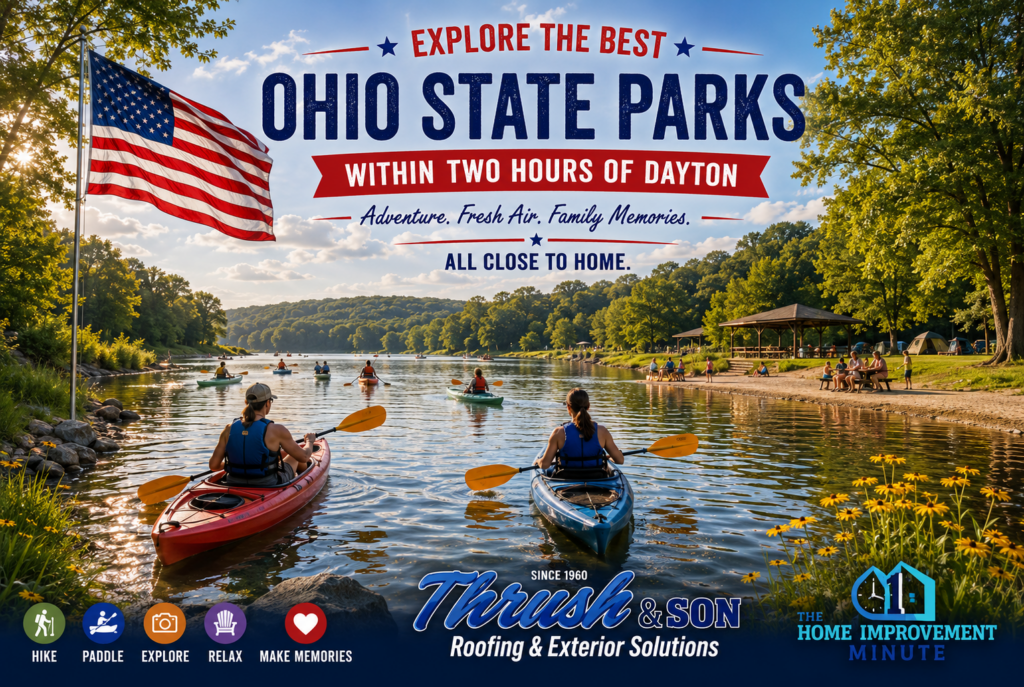 Families kayaking on a scenic Ohio river surrounded by rolling wooded hills with a large American flag, showcasing the best Ohio State Parks within two hours of Dayton for summer adventures.