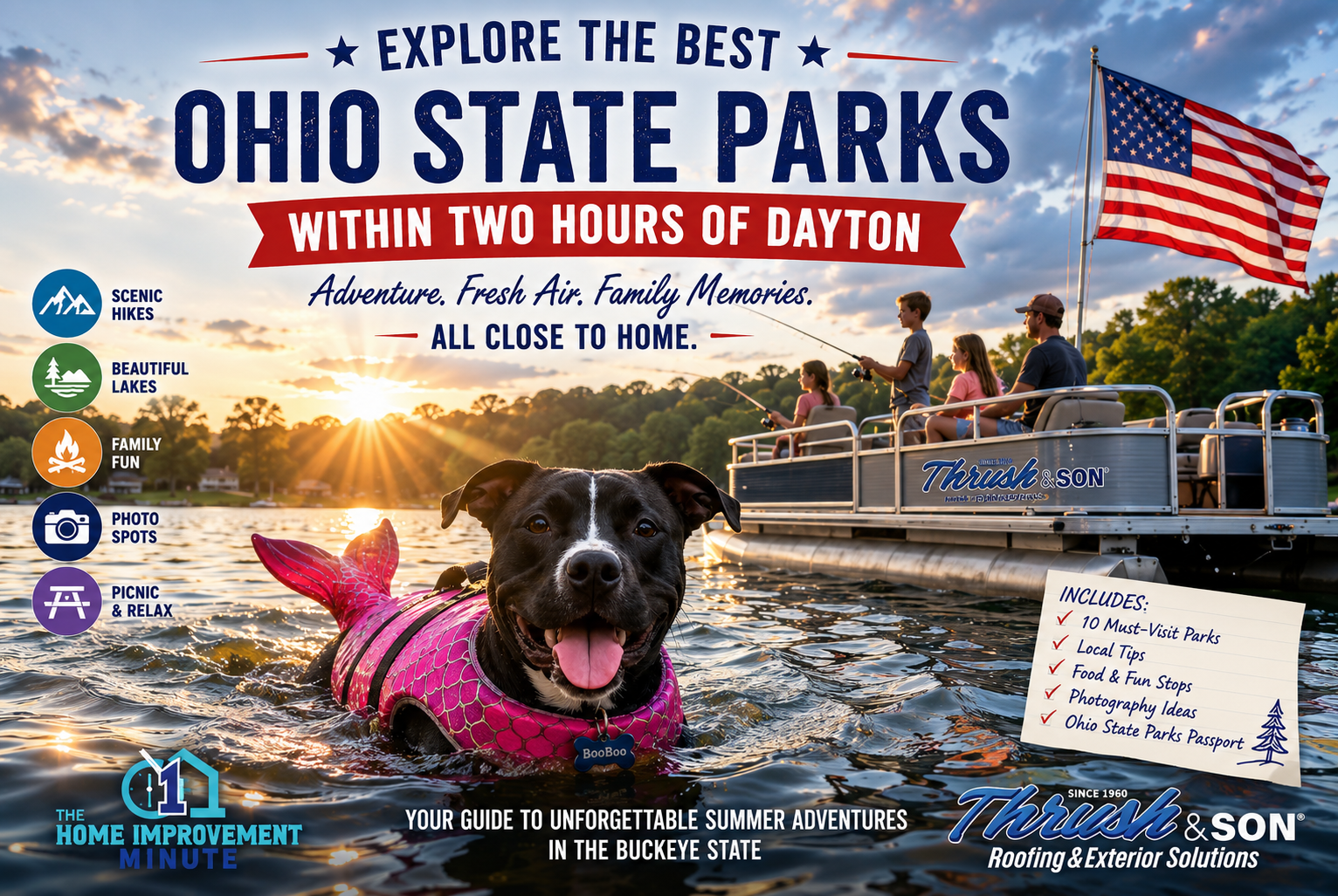 BooBoo the dog wearing a pink mermaid life jacket swimming in an Ohio lake while families fish from a pontoon boat beneath an American flag, representing the best Ohio State Parks within two hours of Dayton.
