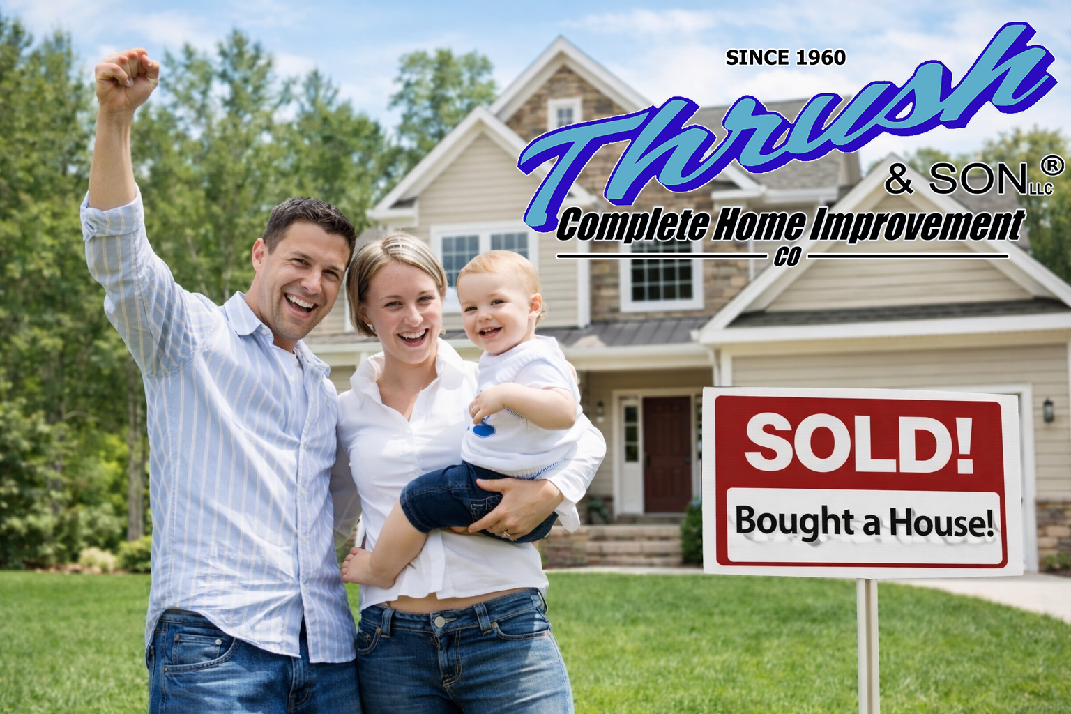 Happy family celebrating after they Bought a House, standing in front of their new two-story home with a sold sign on the lawn.