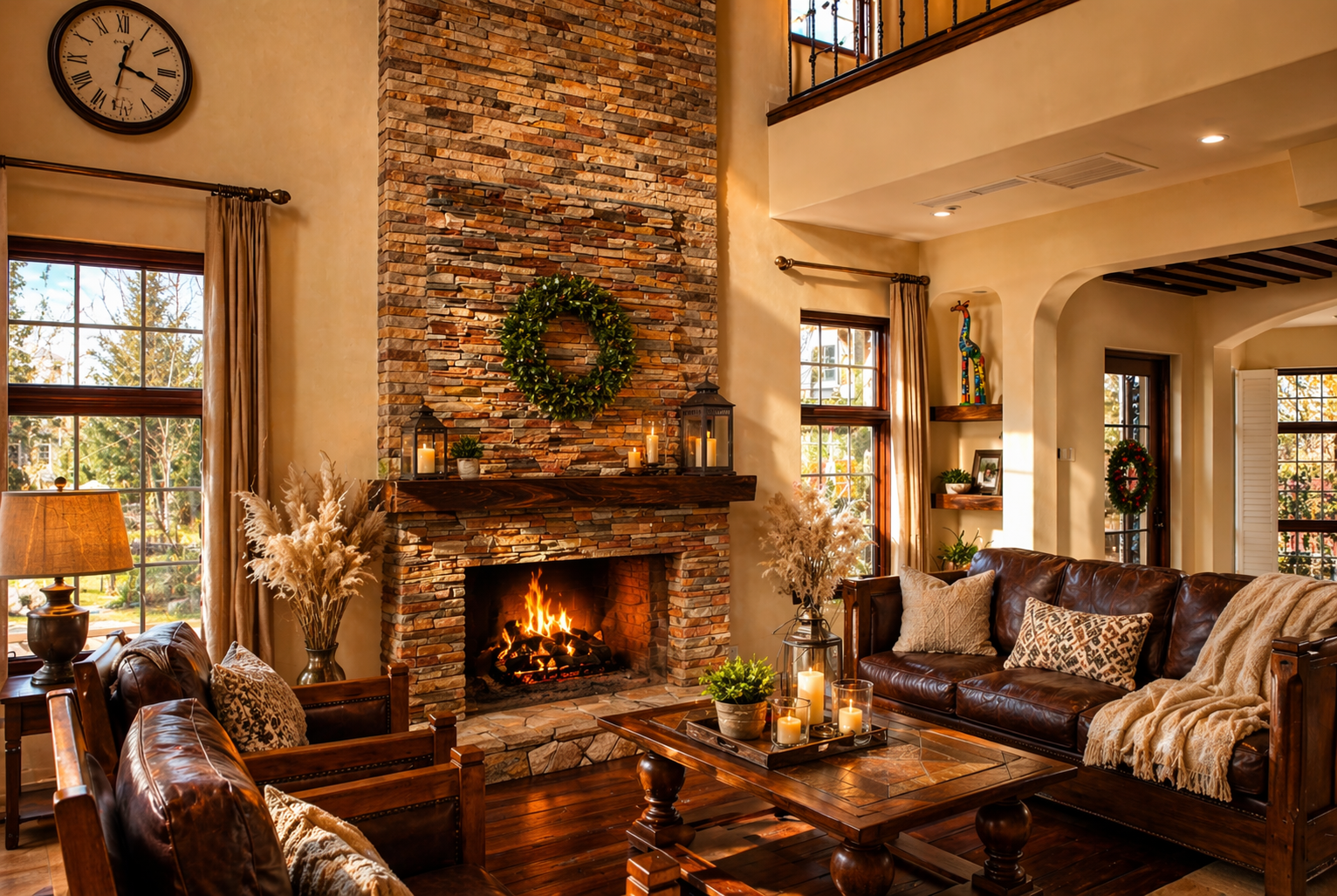 Cozy living room featuring a stone fireplace, lofted ceiling, and abundant natural light pouring through modern replacement windows, showcasing improved home appeal, brightness, and energy efficiency from window upgrades with comfortable seating and warm decor.