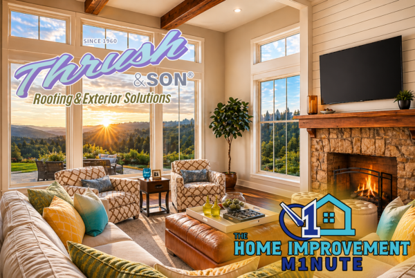 Sunlit modern living room featuring large energy-efficient windows, stone fireplace, and scenic outdoor view.