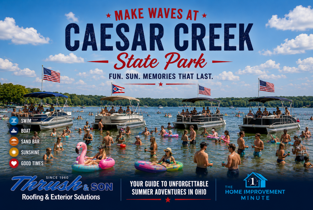 Boaters and families enjoying the sandbar at Caesar Creek State Park in Ohio with pontoon boats, American and Ohio state flags, swimming, floating, and making unforgettable summer memories.