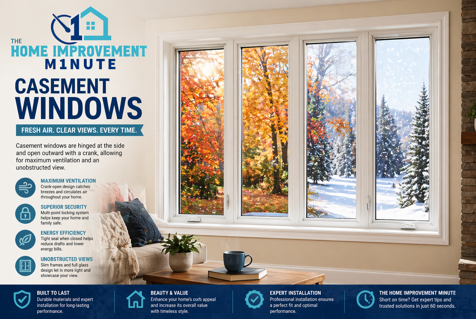 Casement windows installed in a bright home interior, providing wide outdoor views, natural light, and energy-efficient ventilation.