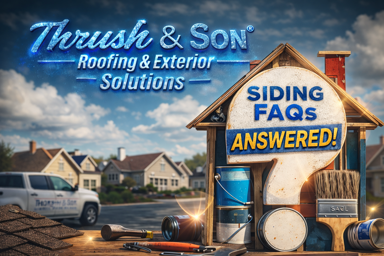 CertainTeed siding FAQs illustration showing home exterior tools, siding materials, and Thrush & Son branding answering common siding questions.