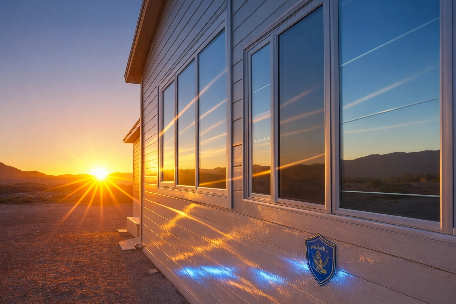 CertainTeed siding on modern home exterior with sunlight reflecting off windows and siding during sunset with Thrush & Son logo