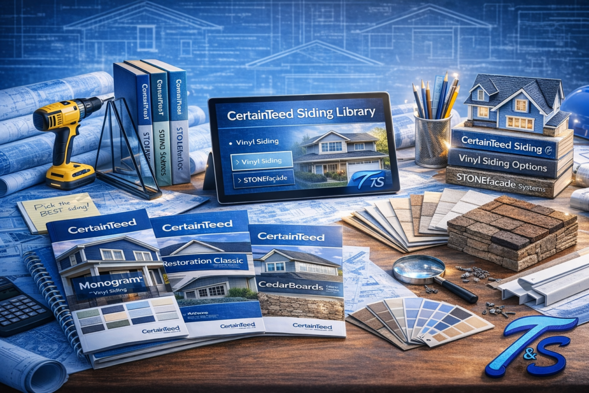 CertainTeed siding library featuring brochures, vinyl siding samples, stone veneer options, and product selection tools on a professional design workspace