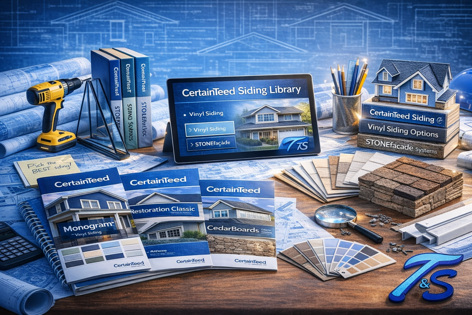 CertainTeed siding library featuring luxury blue siding home with stone accents, covered front porch, and professionally designed exterior lighting.