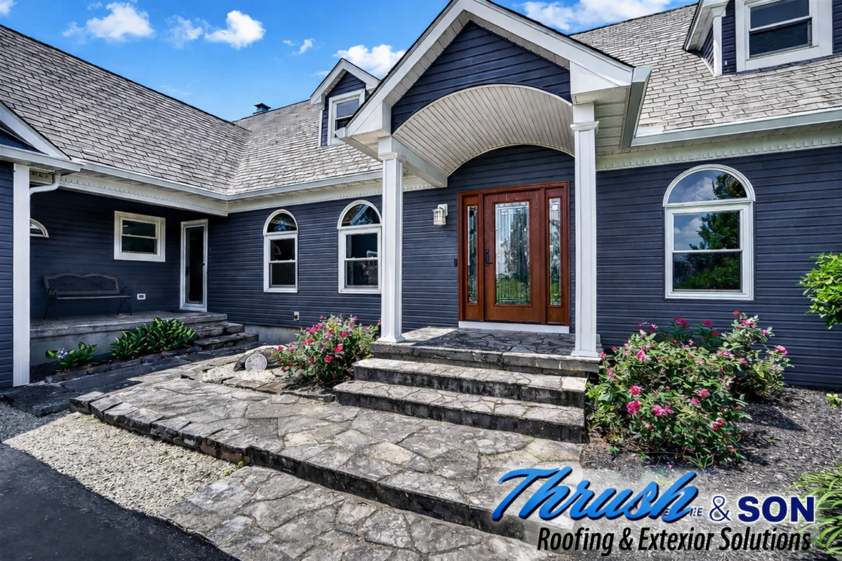 CertainTeed siding library featuring dark blue vinyl siding home with white trim, arched entryway, stone steps, and detailed front exterior design