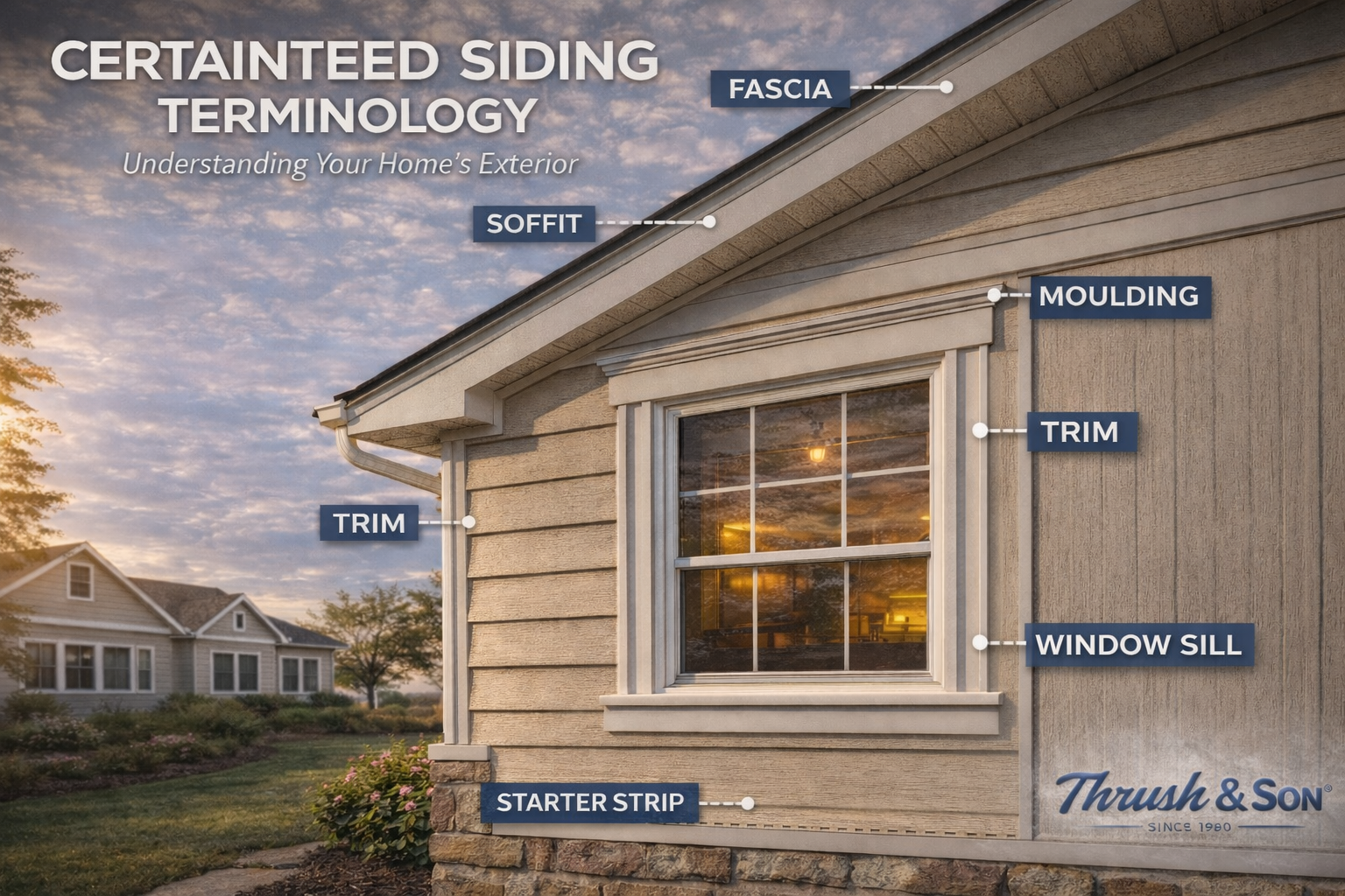 CertainTeed siding terminology diagram showing fascia, soffit, molding, trim, window sill, and starter strip on a residential home exterior.