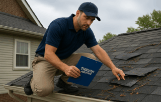 Roofing professional performing storm damage inspection in Dayton Ohio neighborhood.